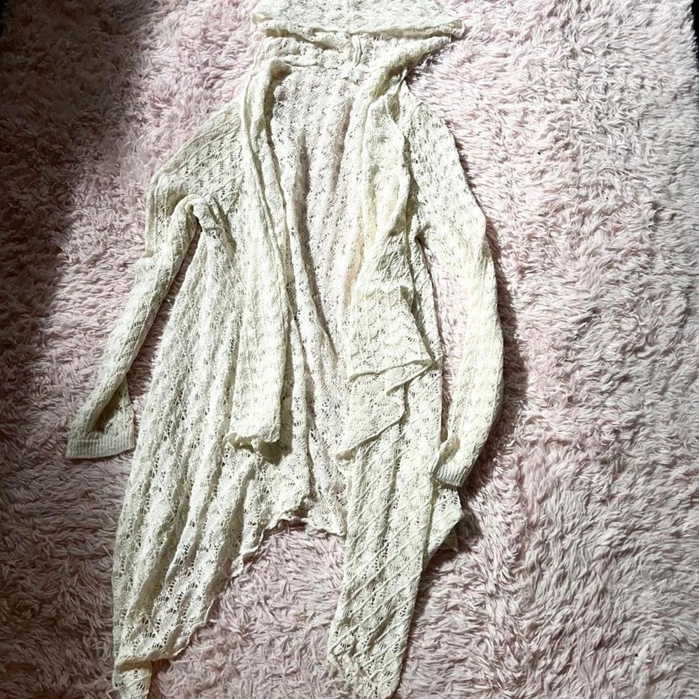 Open Knit Crotchet Boho Earthy Whimsical‎ Hooded Cardigan Womens XL Minimalist